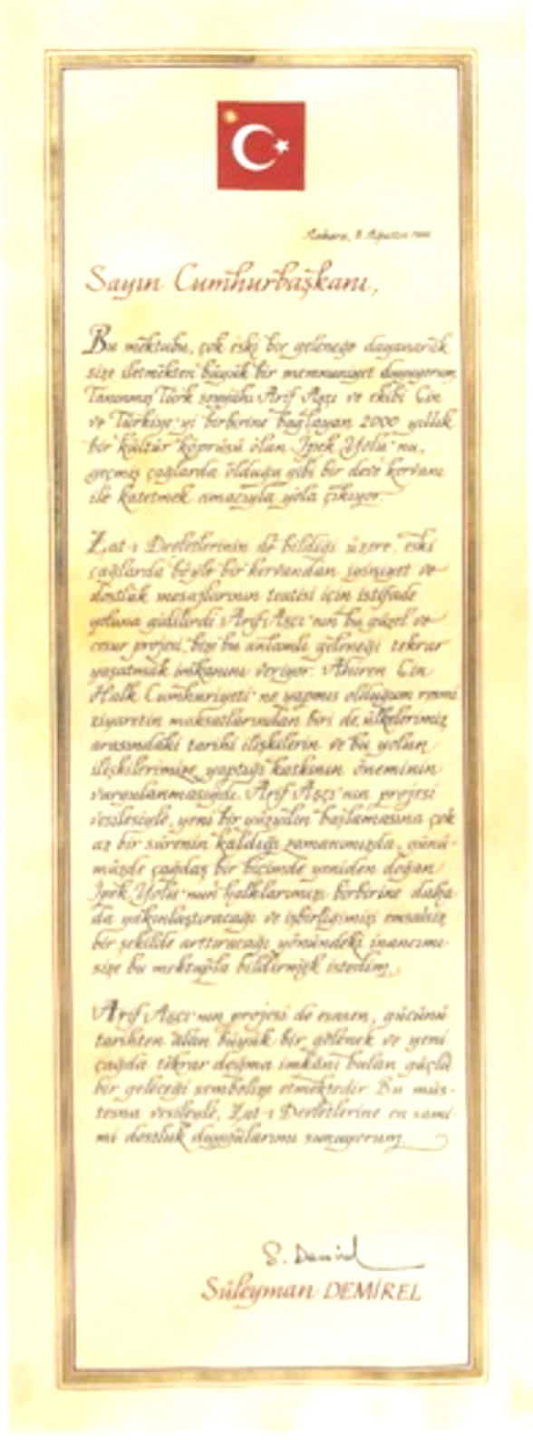 Handwritten letter from President S&uuml;leyman Demirel, Ankara, 1996