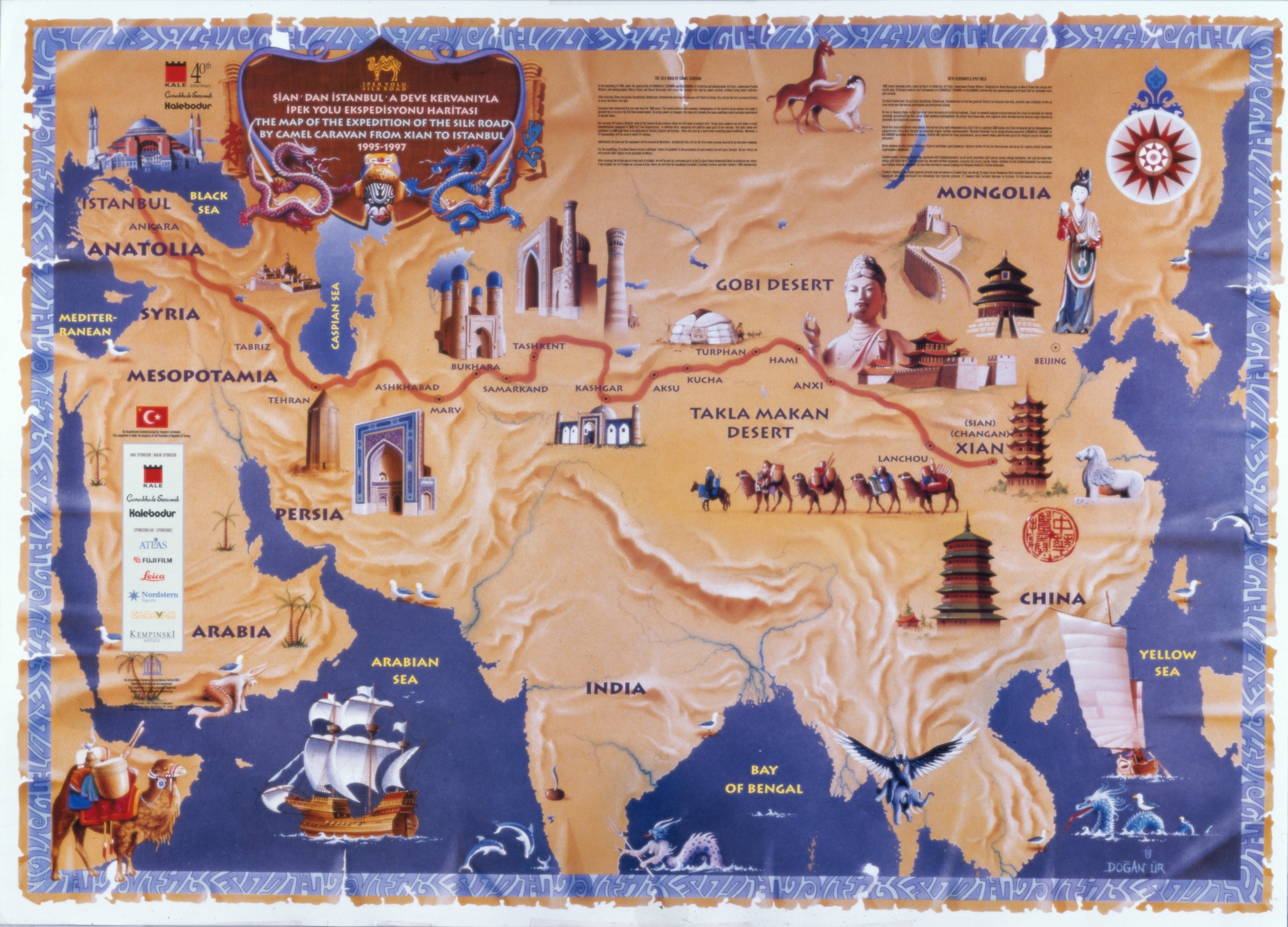 Painted map of the expedition of the Silk Road by camel caravan from Xian to Istanbul, marking the route through Lanchou, Anxi, Hami, Turphan, Kucha, Aksu, Kashgar, Tashkent, Samarkand, Bukhara, Marv, Ashkhabad, Tehran, Tabriz, Ankara and Istanbul